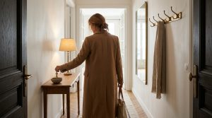 Woman dropping keys into a ceramic bowl on a slim wooden table in a hallway drop zone