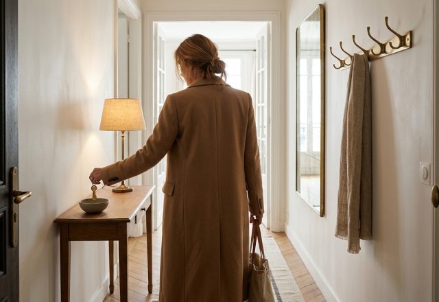 Woman dropping keys into a ceramic bowl on a slim wooden table in a hallway drop zone