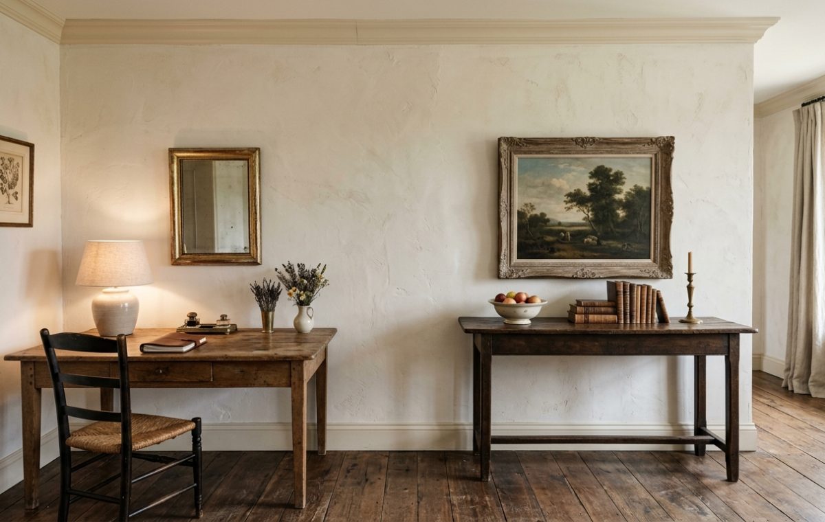 A rustic home office featuring an antique wooden desk, lime washed walls, and a vintage landscape painting.