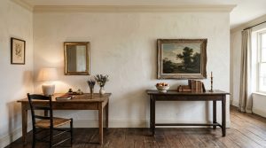 A rustic home office featuring an antique wooden desk, lime washed walls, and a vintage landscape painting.