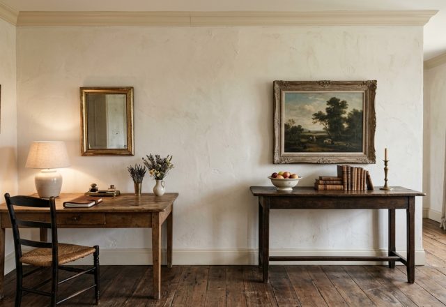 A rustic home office featuring an antique wooden desk, lime washed walls, and a vintage landscape painting.