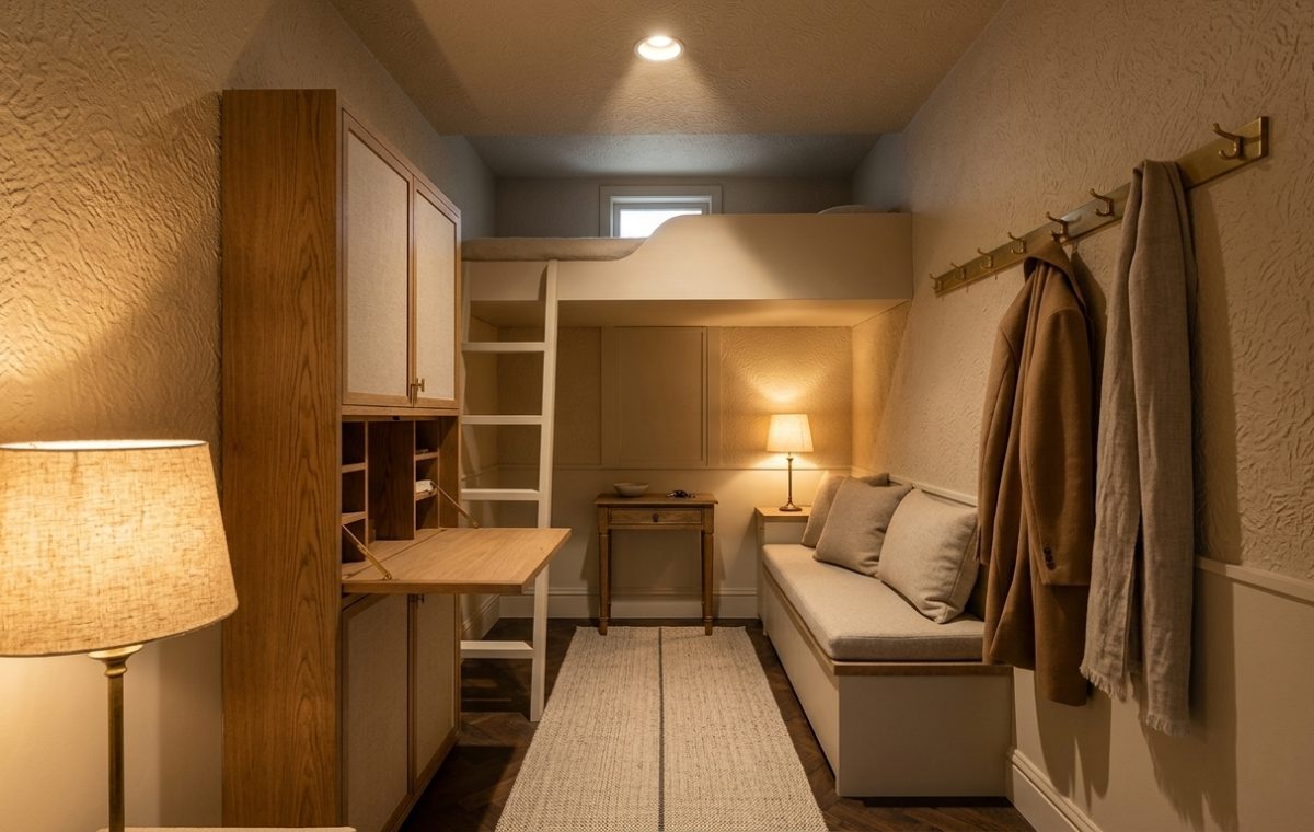 Custom timber loft bed small room with a drop-down secretary desk and built-in bench seating