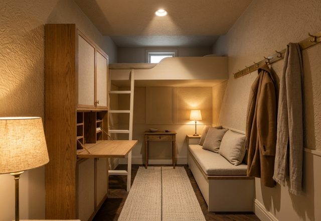 Custom timber loft bed small room with a drop-down secretary desk and built-in bench seating