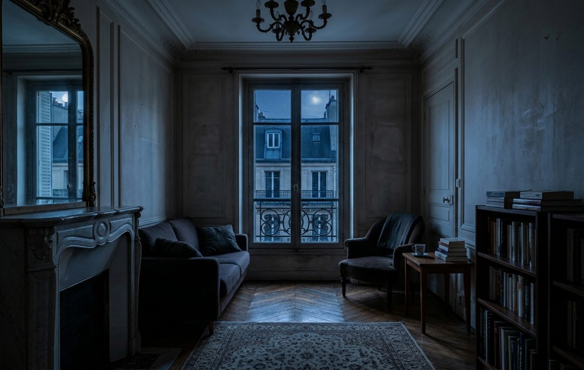 A moody living room at night with dark walls, antique fireplace, velvet sofa, and tall windows showing city buildings.