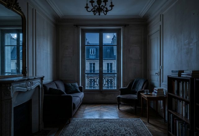 A moody living room at night with dark walls, antique fireplace, velvet sofa, and tall windows showing city buildings.