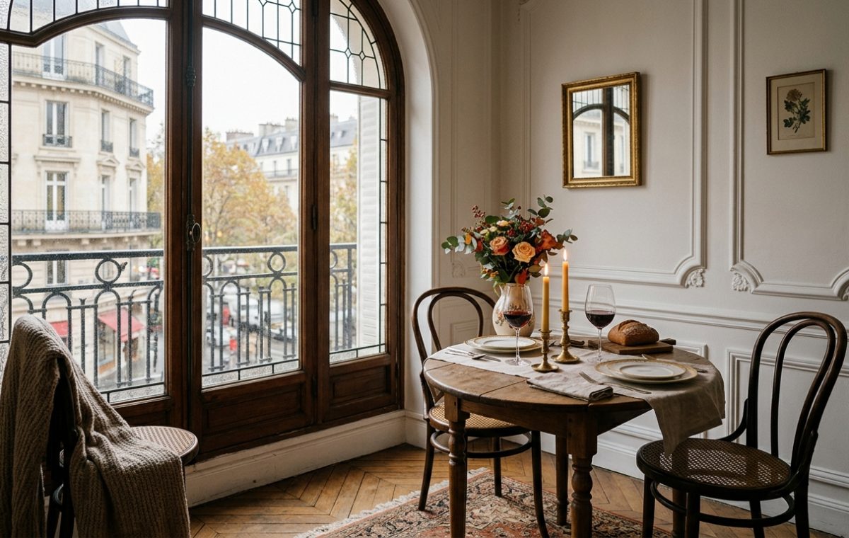 Cozy French apartment dining nook with round wooden table and balcony view.