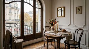 Cozy French apartment dining nook with round wooden table and balcony view.