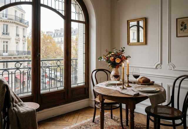 Cozy French apartment dining nook with round wooden table and balcony view.