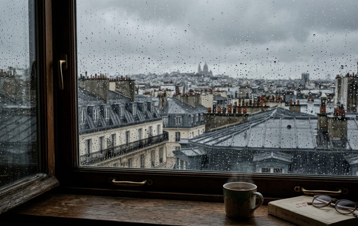 A cozy rainy day reading nook with a steaming mug and book on a wooden windowsill overlooking a city skyline.