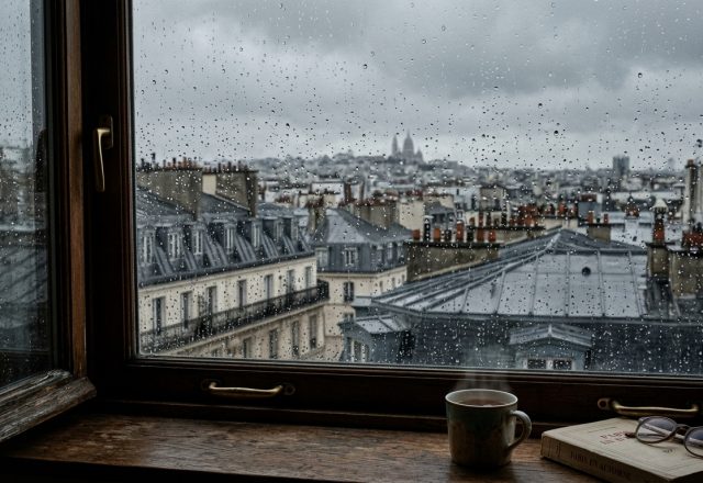 A cozy rainy day reading nook with a steaming mug and book on a wooden windowsill overlooking a city skyline.