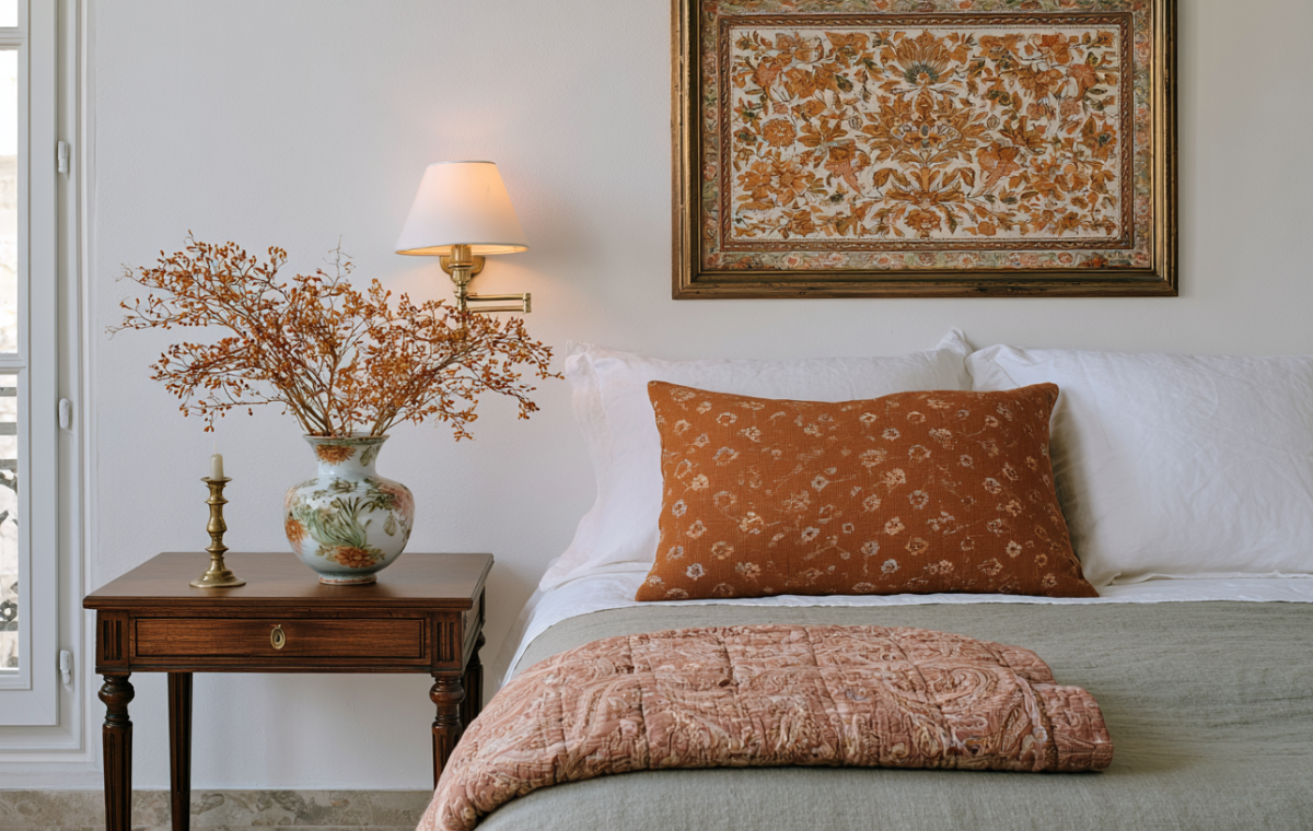 Cozy master bedroom featuring a rust and olive bedroom color palette with vintage art and an antique wooden nightstand