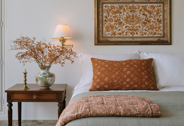 Cozy master bedroom featuring a rust and olive bedroom color palette with vintage art and an antique wooden nightstand