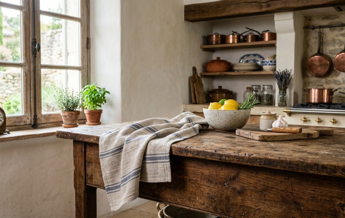 A rustic kitchen island featuring a weathered wood table, copper pots on open shelves, and a bowl of lemons.