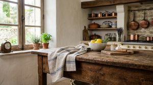 A rustic kitchen island featuring a weathered wood table, copper pots on open shelves, and a bowl of lemons.