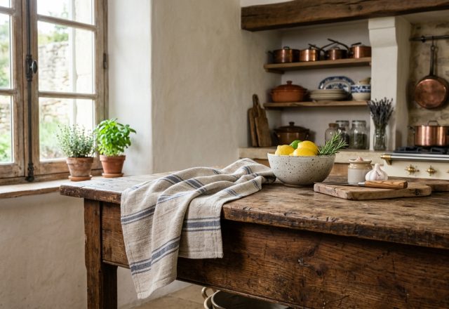 A rustic kitchen island featuring a weathered wood table, copper pots on open shelves, and a bowl of lemons.