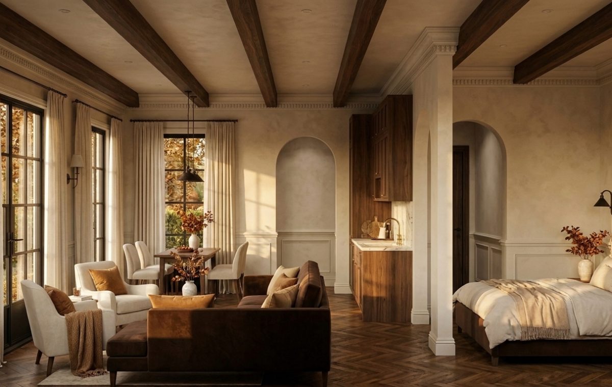 Cozy open plan layout featuring wooden ceiling beams, herringbone floors, and neutral transitional living spaces.