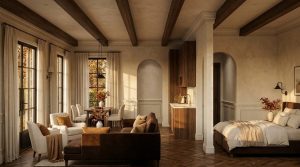 Cozy open plan layout featuring wooden ceiling beams, herringbone floors, and neutral transitional living spaces.