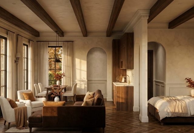Cozy open plan layout featuring wooden ceiling beams, herringbone floors, and neutral transitional living spaces.