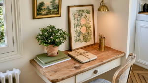 A cozy small home office nook featuring a wooden desk, vintage floral art, and a brass lamp.