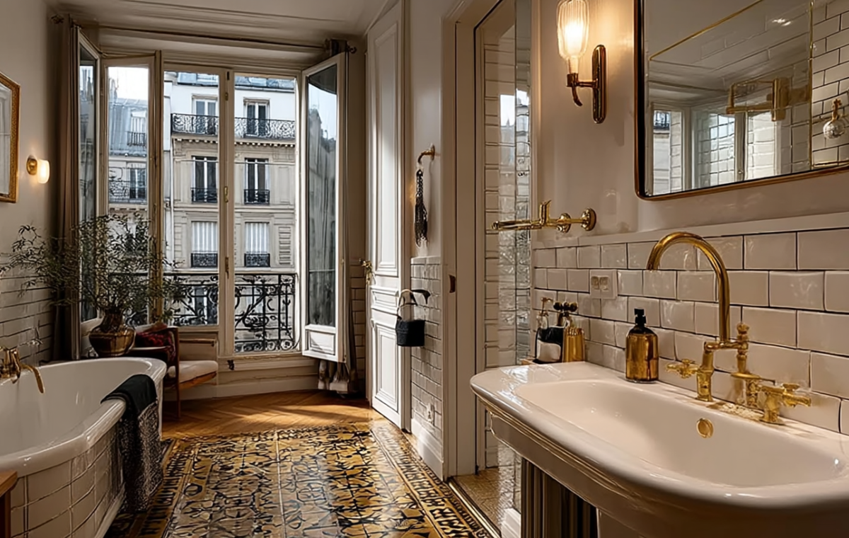 Bright French apartment bathroom with brass fixtures and patterned floor tiles