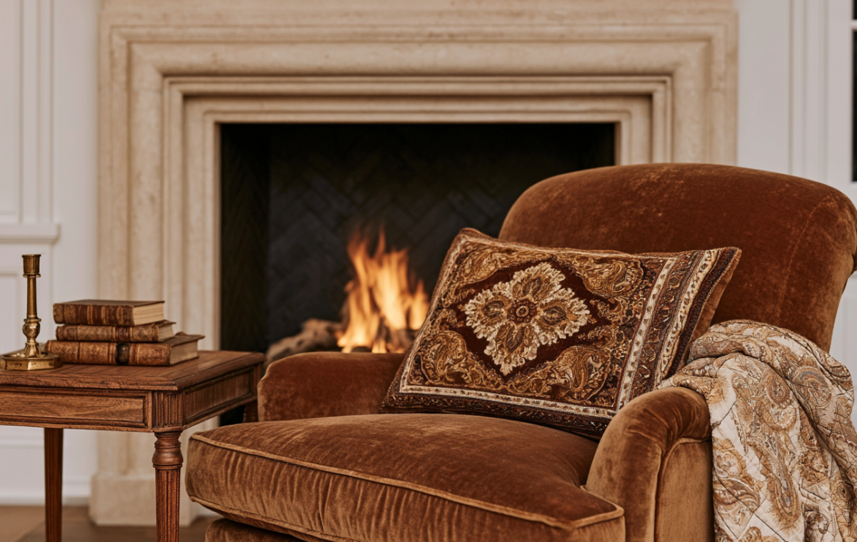 A cozy fireplace seating area featuring a deep red velvet armchair, stone hearth, and classic winter decor.