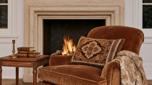 A cozy fireplace seating area featuring a deep red velvet armchair, stone hearth, and classic winter decor.