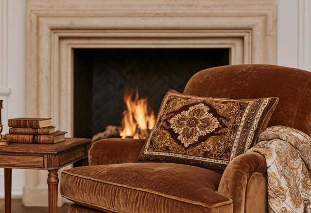 A cozy fireplace seating area featuring a deep red velvet armchair, stone hearth, and classic winter decor.