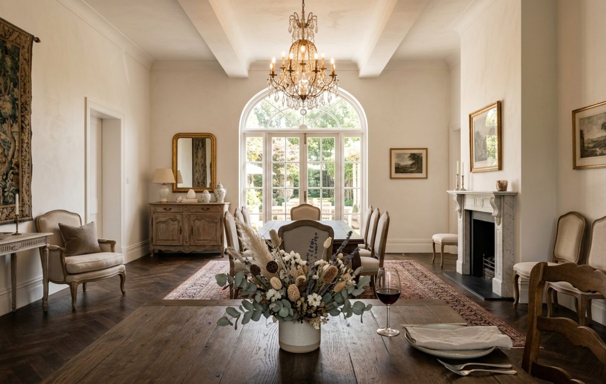 Elegant formal dining room featuring a crystal chandelier, herringbone wood floors, and a traditional fireplace.