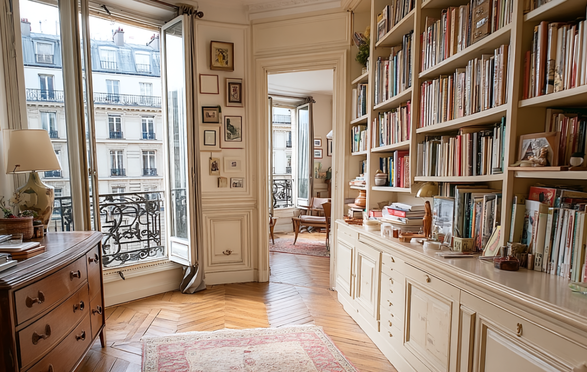 A bright French apartment library featuring built-in bookshelves, classic wall molding, and herringbone parquet wood flooring.