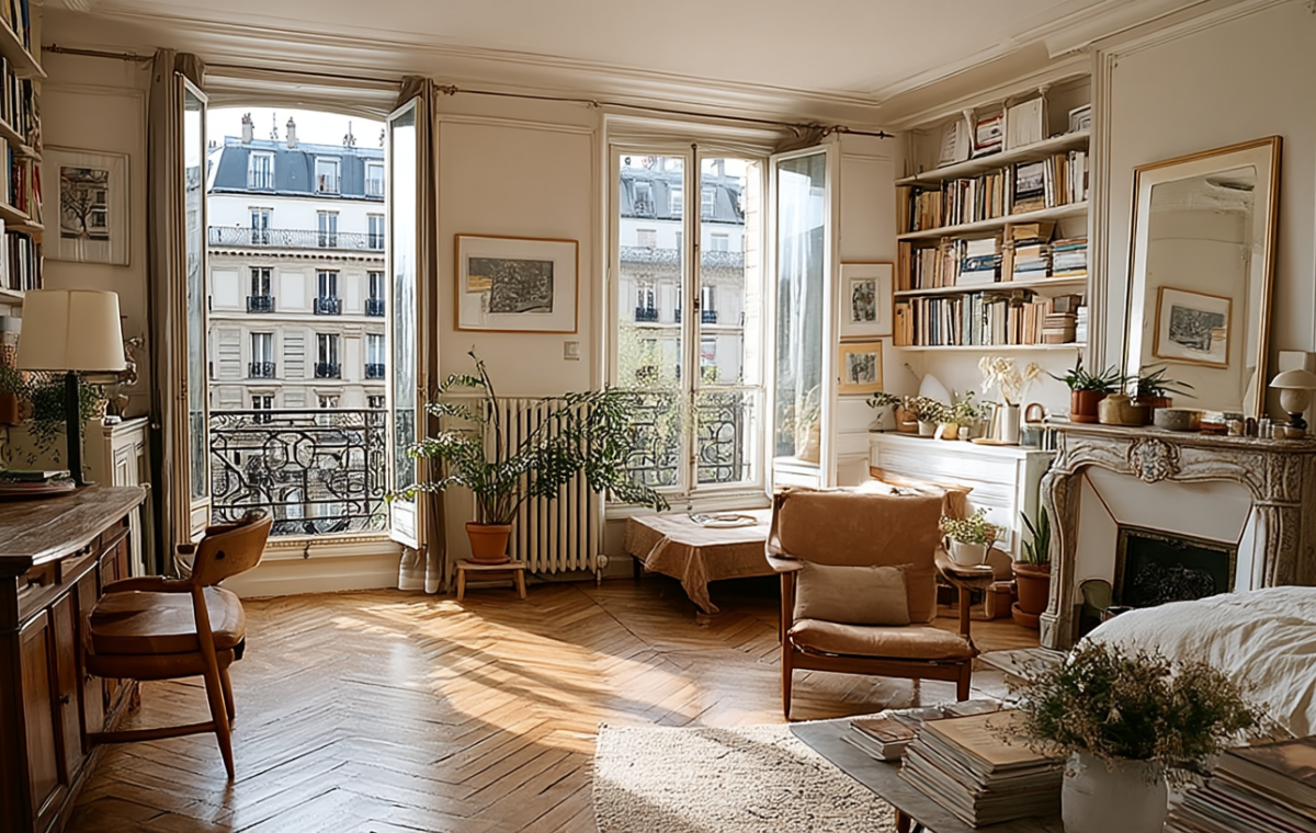 Sunlit French apartment living room featuring parquet floors, built-in bookshelves, and classic Haussmann architectural details.