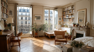 Sunlit French apartment living room featuring parquet floors, built-in bookshelves, and classic Haussmann architectural details.