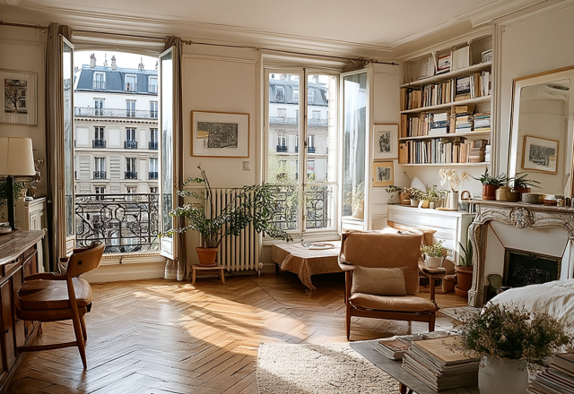 Sunlit French apartment living room featuring parquet floors, built-in bookshelves, and classic Haussmann architectural details.