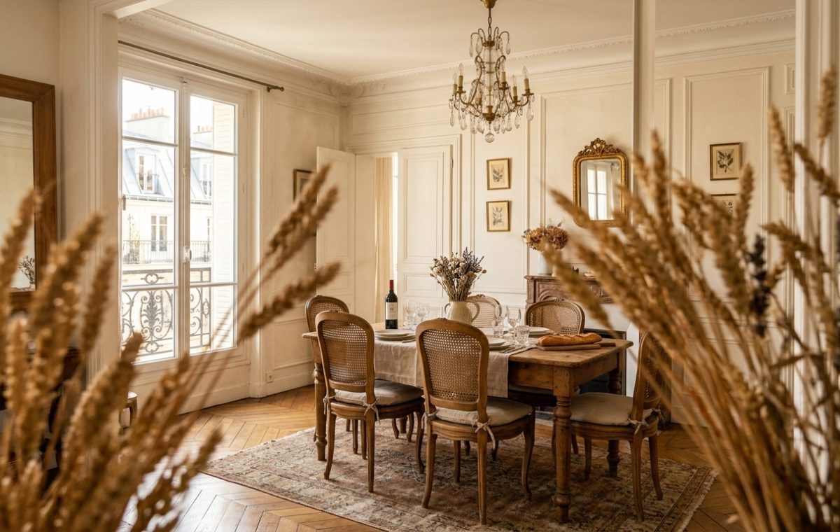 A bright French Country dining room featuring cane back chairs, parquet floors, and tall windows.