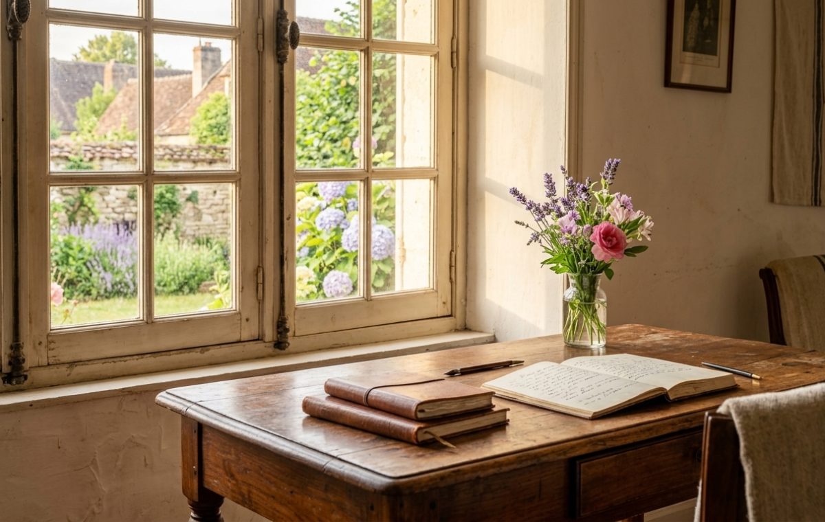 A rustic French country home office featuring a wooden desk, open journal, and natural light from a window.