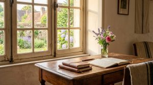 A rustic French country home office featuring a wooden desk, open journal, and natural light from a window.