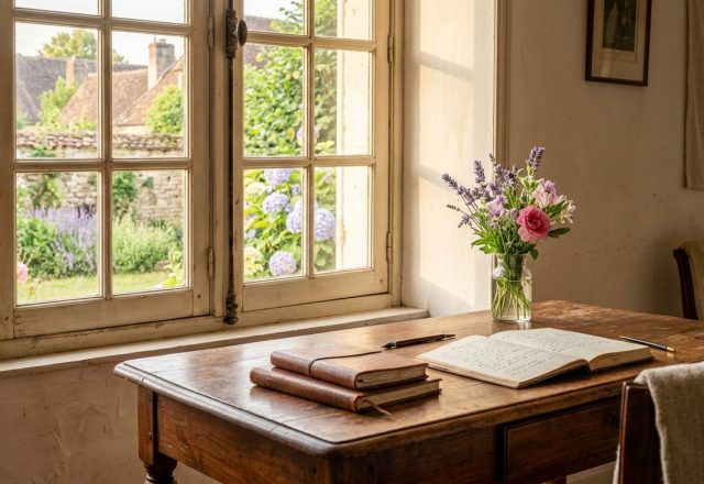 A rustic French country home office featuring a wooden desk, open journal, and natural light from a window.