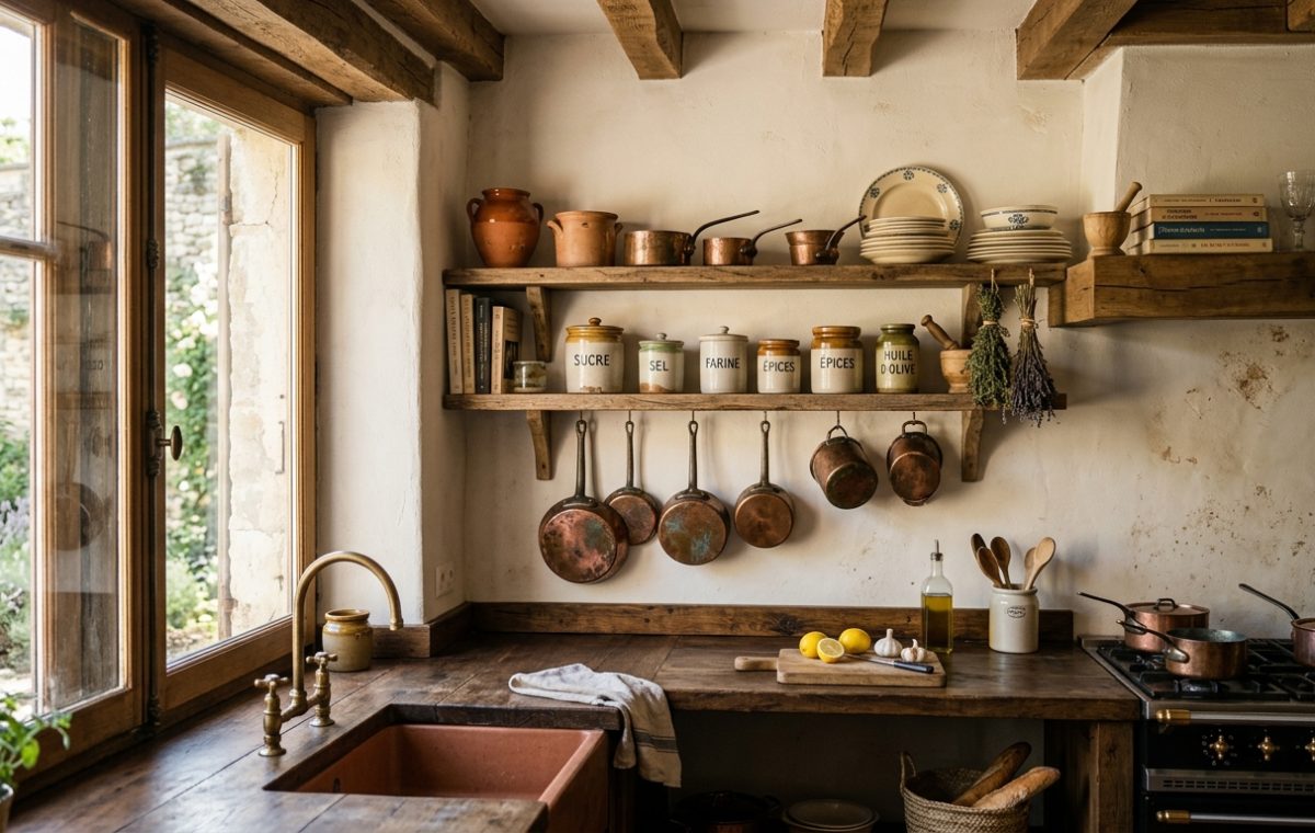 A warm French country kitchen featuring open wooden shelving, copper cookware, and rustic counters.