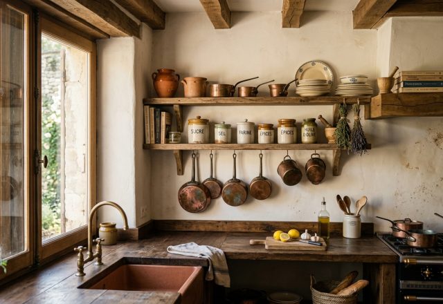 A warm French country kitchen featuring open wooden shelving, copper cookware, and rustic counters.