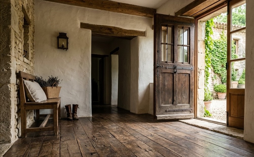 A rustic front entryway featuring weathered wooden floors, an open timber door, and a wooden bench with a linen pillow.