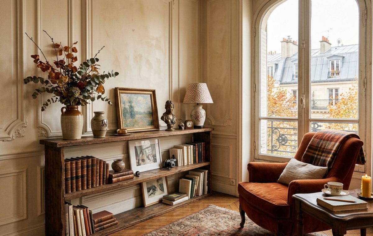 A cozy vintage reading nook featuring a low wooden bookshelf, an orange velvet armchair, and large windows.
