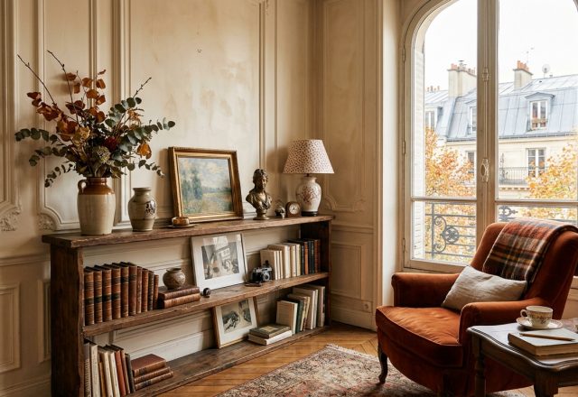 A cozy vintage reading nook featuring a low wooden bookshelf, an orange velvet armchair, and large windows.