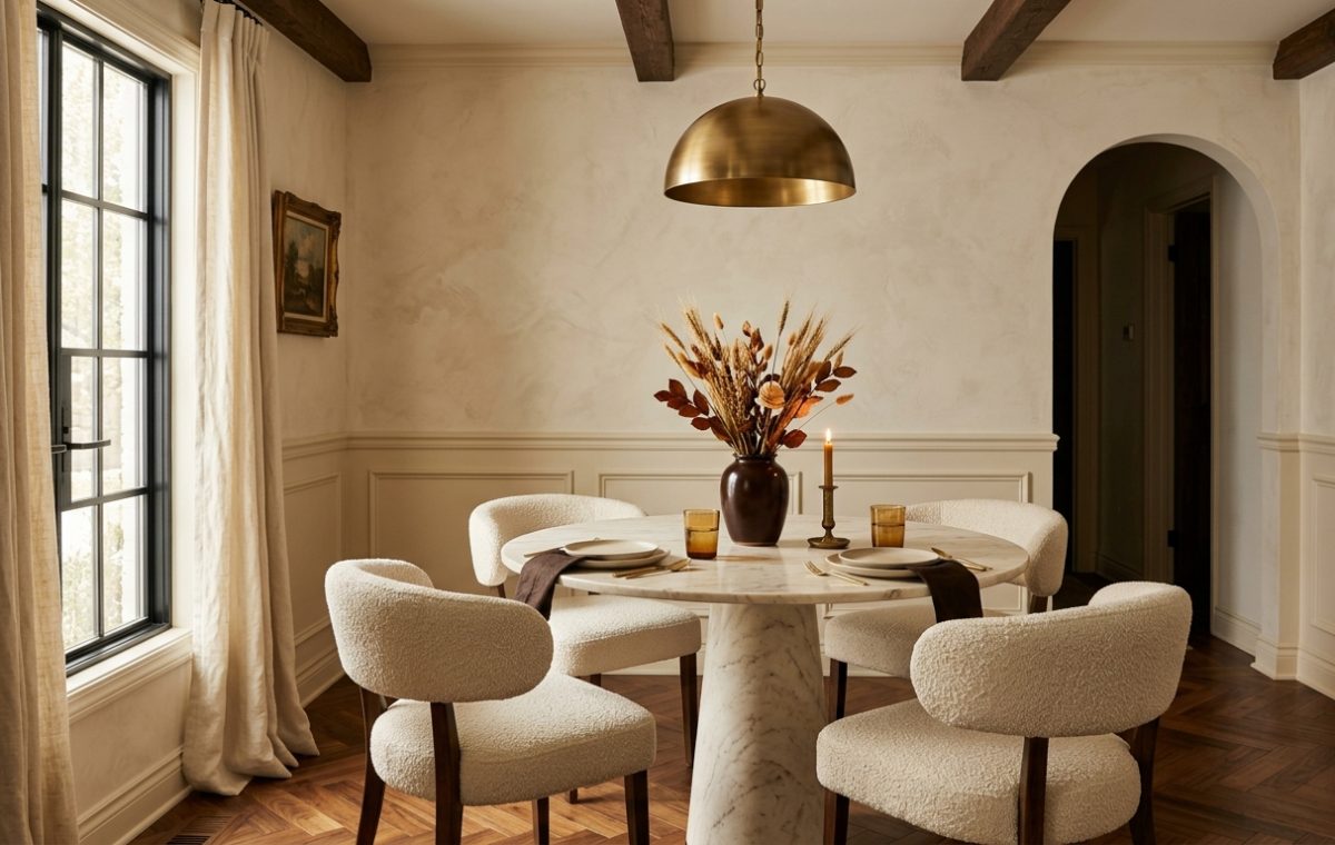 A warm minimalist dining room featuring a round marble table and boucle chairs under a brass pendant light.