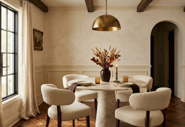 A warm minimalist dining room featuring a round marble table and boucle chairs under a brass pendant light.