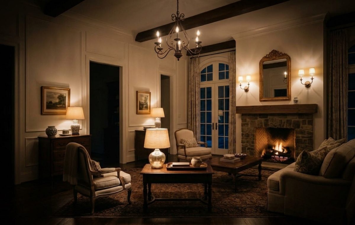 A cozy warm moody living room featuring a stone fireplace and amber ambient lamp lighting.