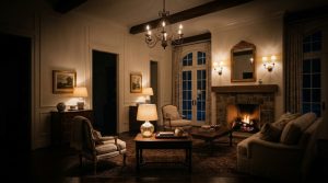A cozy warm moody living room featuring a stone fireplace and amber ambient lamp lighting.