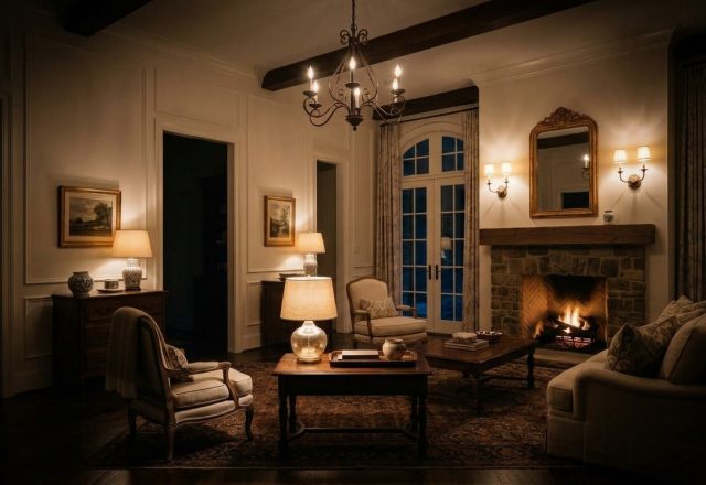 A cozy warm moody living room featuring a stone fireplace and amber ambient lamp lighting.