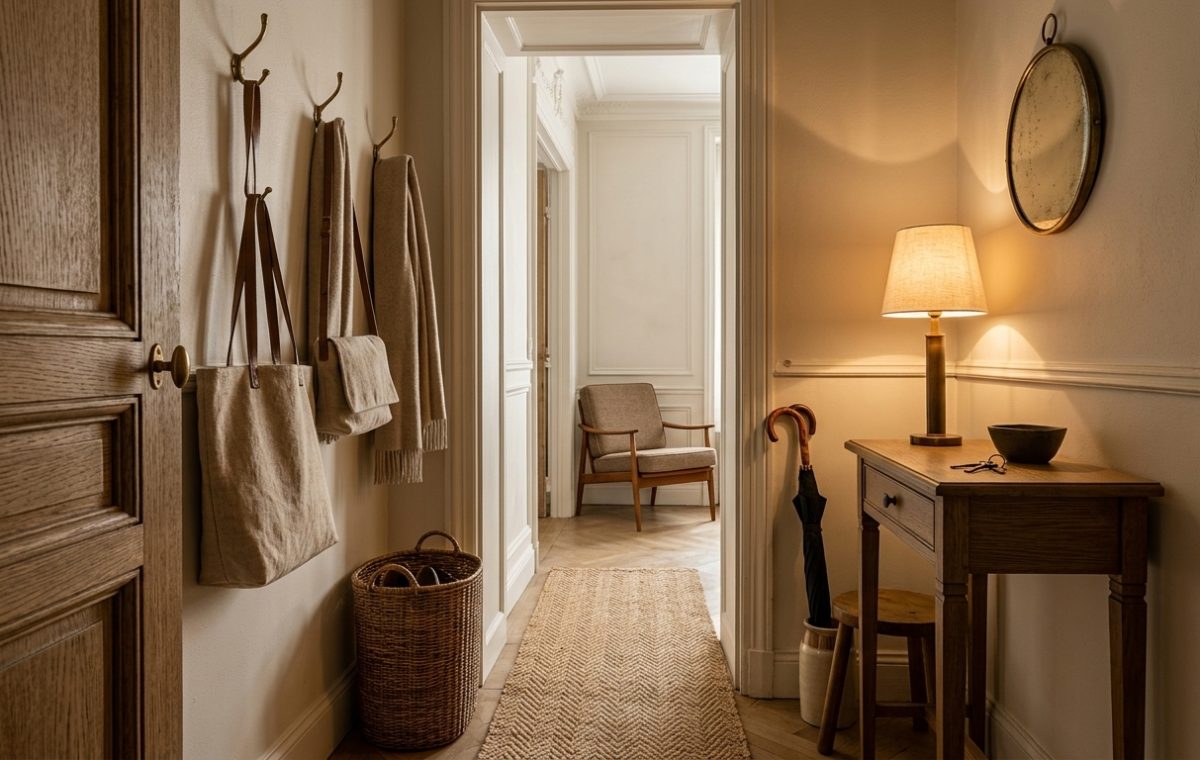 A warm neutral entryway styled with a slim wood console table, lamp, and natural fiber runner.