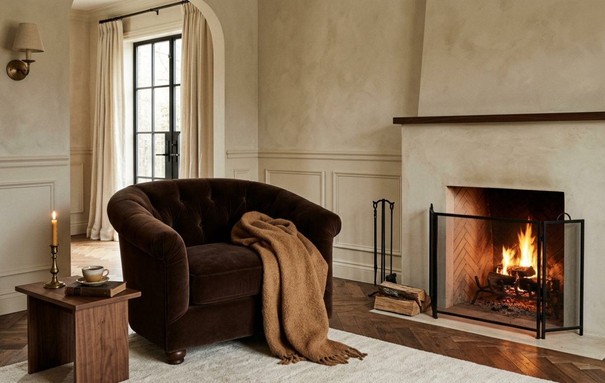 A warm neutral fireplace living room featuring a brown velvet armchair and herringbone wood floors.