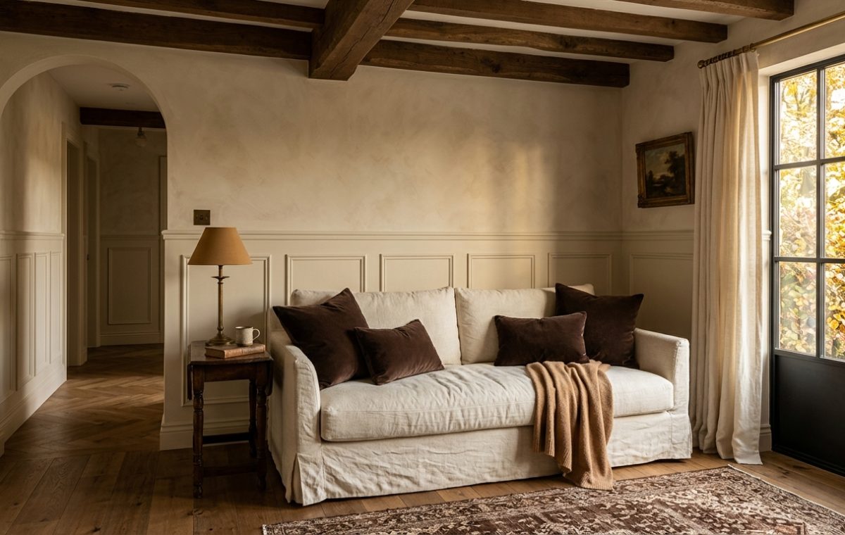 A warm neutral living room featuring a cream slipcovered sofa, dark velvet pillows, and exposed wooden beams.