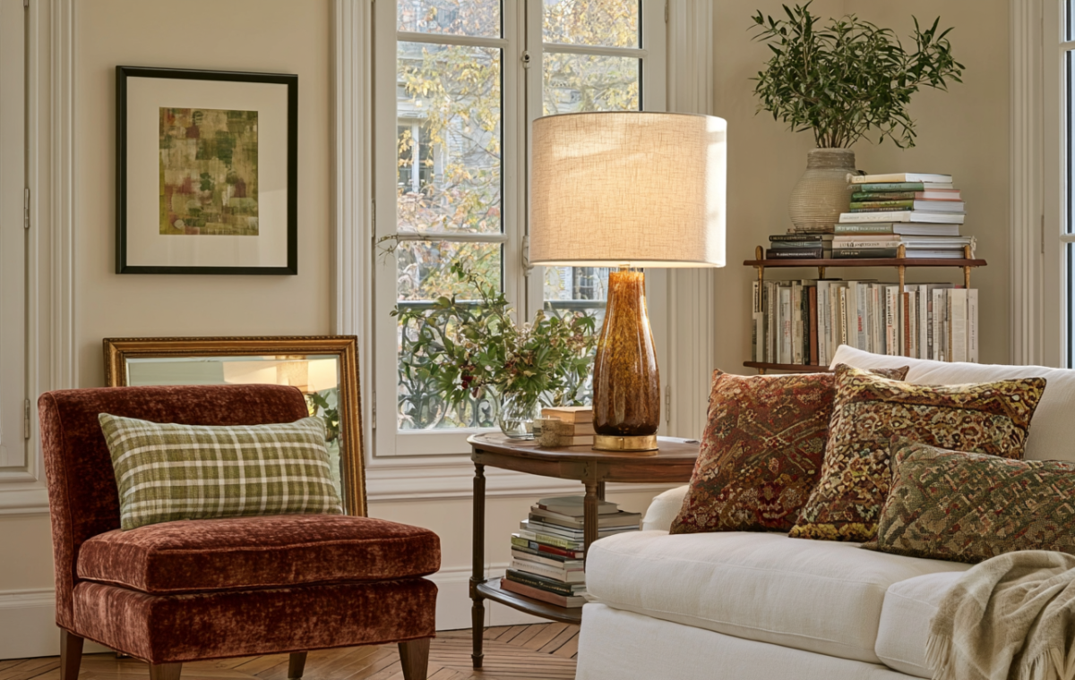 A warm neutral living room featuring a rust velvet armchair, patterned pillows, and an amber glass table lamp.